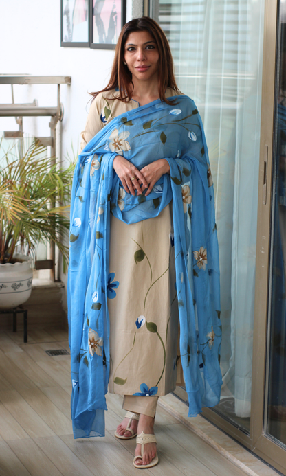 Beige & Blue Hand Brush Painted Kurta, Chiffon Handpainted Dupatta & Cotton Pants