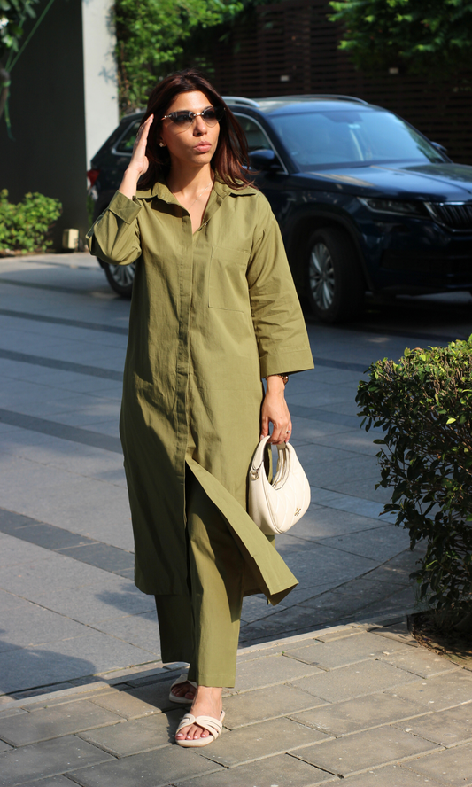 Olive Poplin Shirt Style Long Kurta & Pant