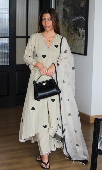 Noir Hearts laced Kurta, cotton pants and Kota Doria a Doria Dupatta