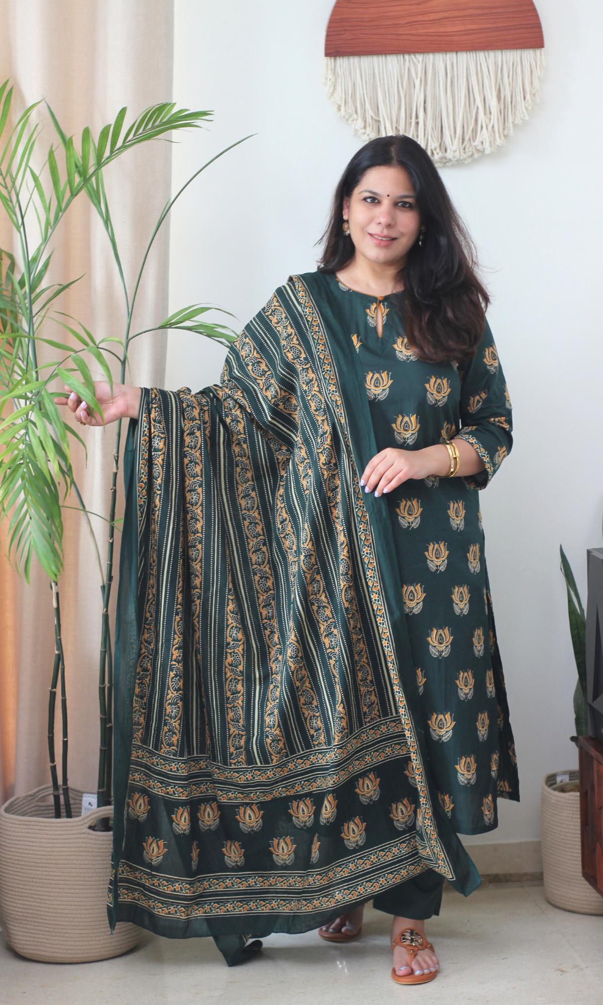 Cotton Green Lotus Mughal Kurta, Dupatta & Cotton Pants