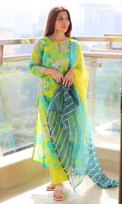 Cotton Lime Aqua Floral Print Kurta, Solid Pants & Lehariya Kota Dupatta