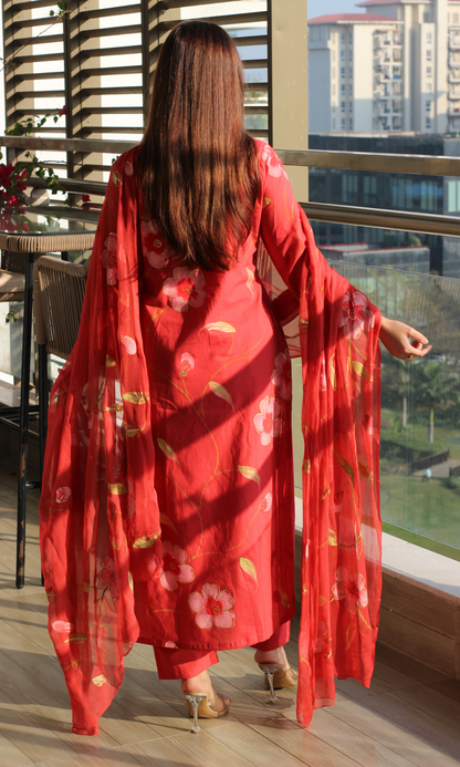 Cotton Coral Handbrush Painted Suit with Chiffon Handpainted Dupatta