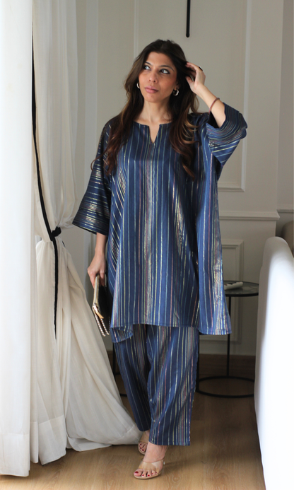 Blue Noir Cotton Lurex Kaftan Co-ord