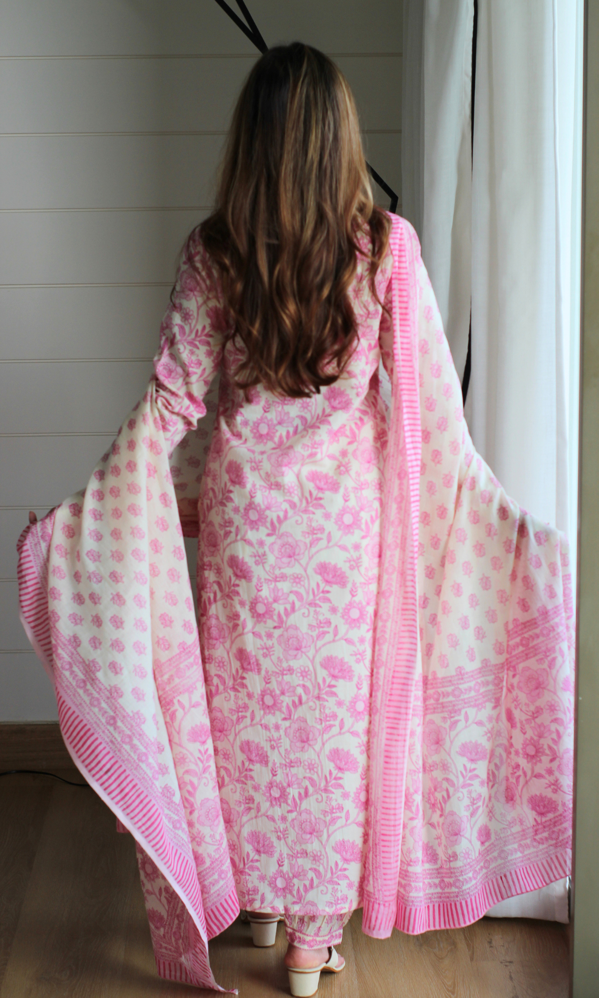 Rose Pink Garden Block Print Cotton Kurta, Afghani Pant and Mul Printed Dupatta