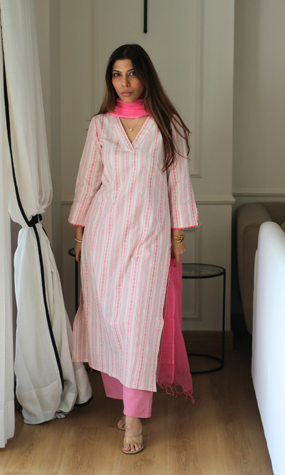 Off white & Pink Lurex Kurta, Cotton Pants & Kota Doria Dupatta
