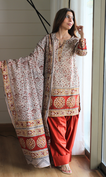 Beige & Red Handblock Kalamkari Print Kurta , Dupatta & Cotton Farshi Salwaar