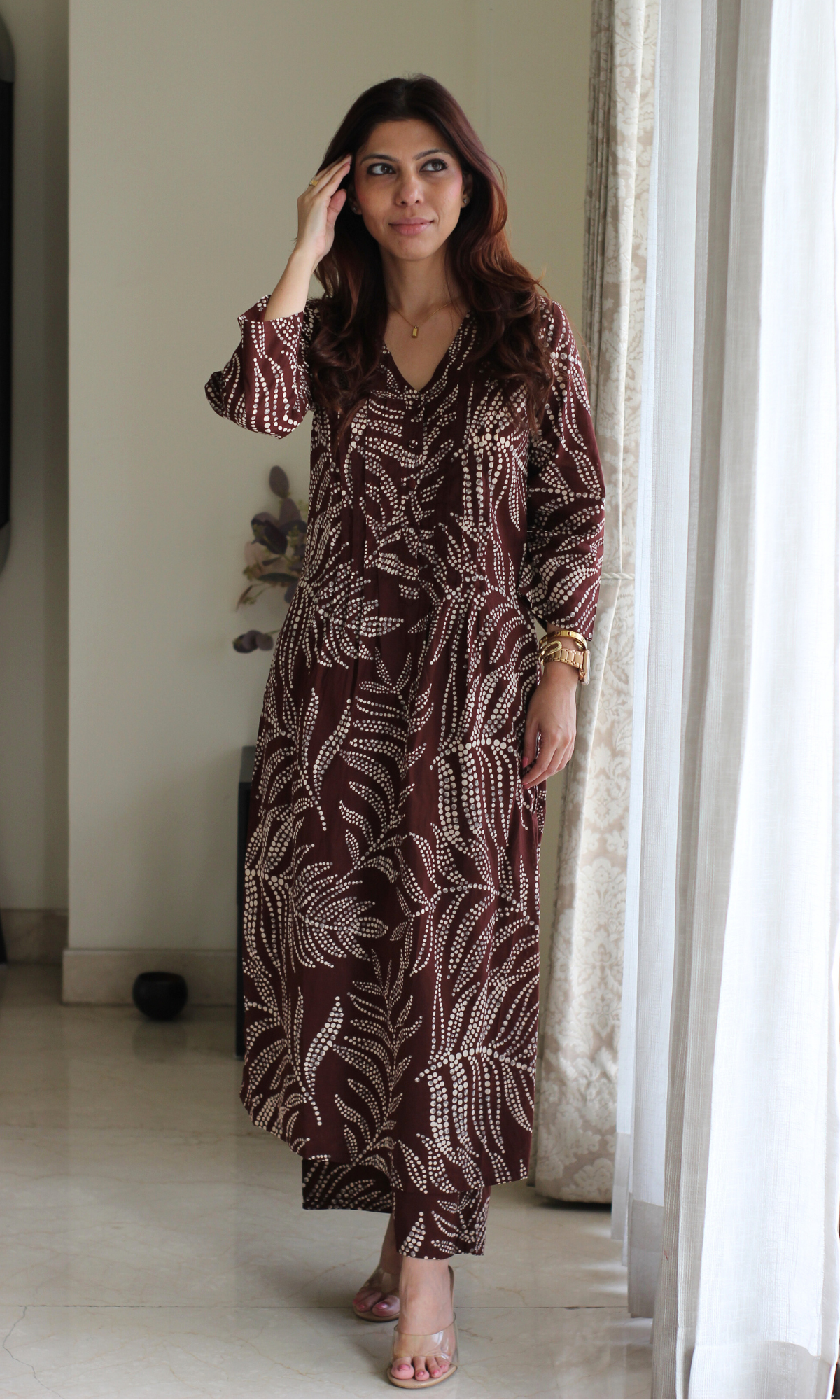 Chocolate Dotted Leafy Print Pleated Kurta & Pant