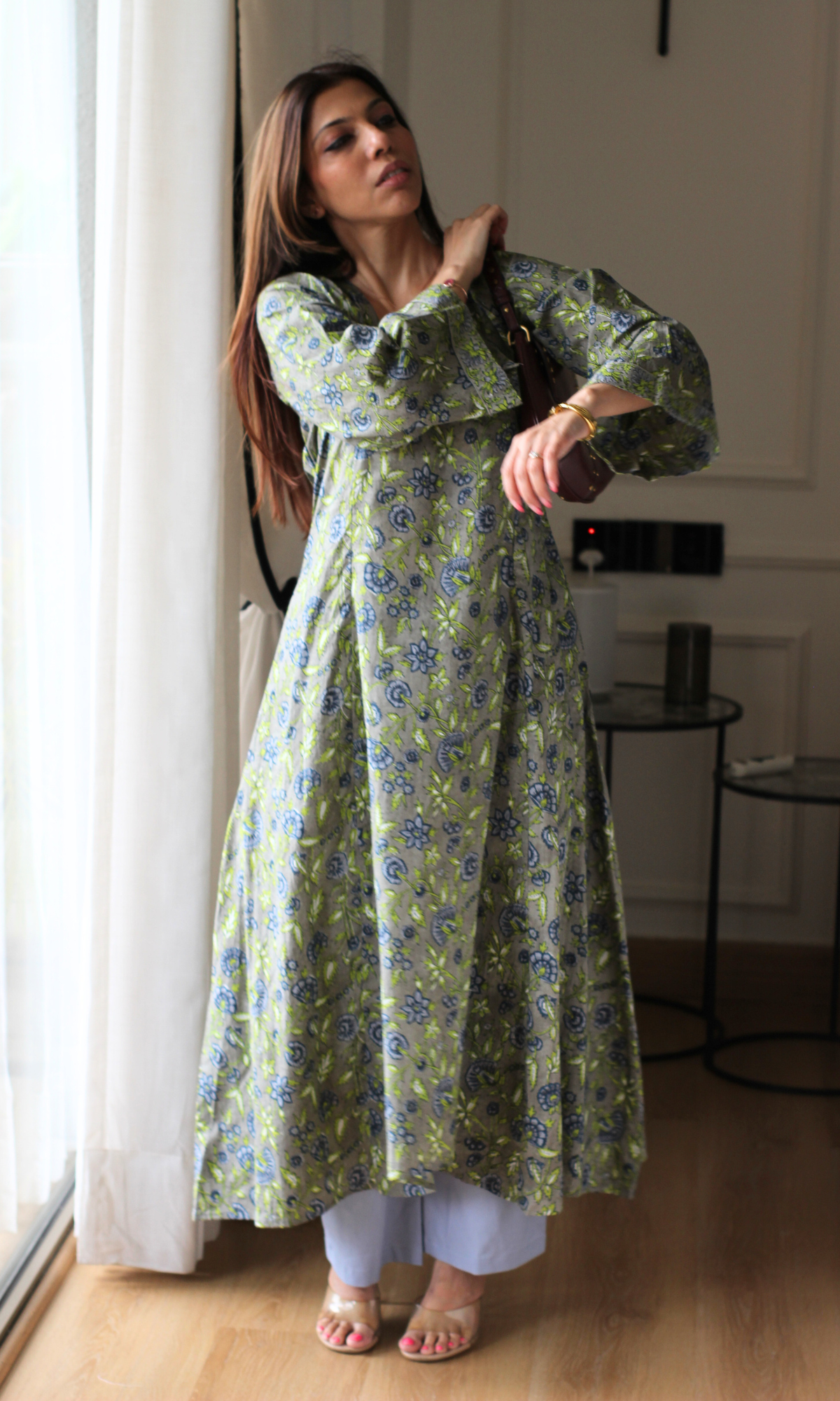 Olive Ash Vine Handblock Print High Low Kurta & Cotton Pants