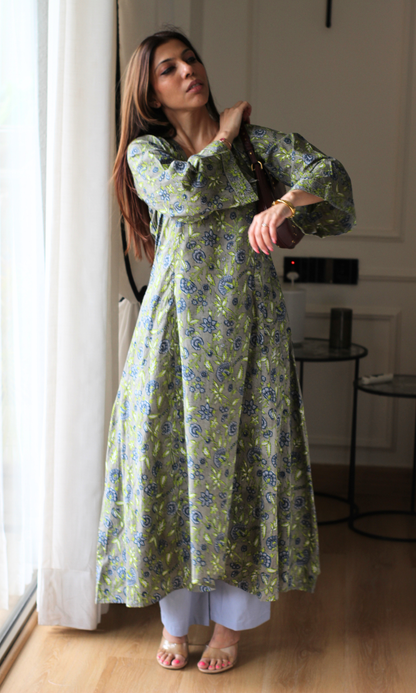 Olive Ash Vine Handblock Print High Low Kurta & Cotton Pants