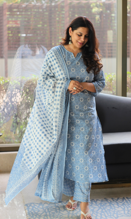 Cotton Sky Blue Printed Kurta, Pant & Cotton Printed Dupatta