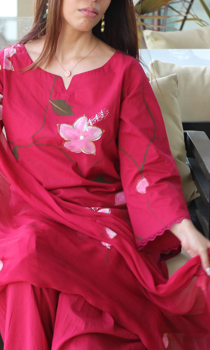 Cotton Mulberry Handbrush Painted Kurta, Chiffon Hand Painted Dupatta & Farshi Salwar