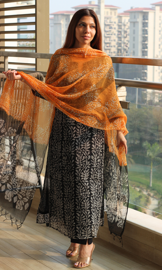 Kota Doria Black Batik Handblock Print Kurta, Dupatta & Cotton Pants