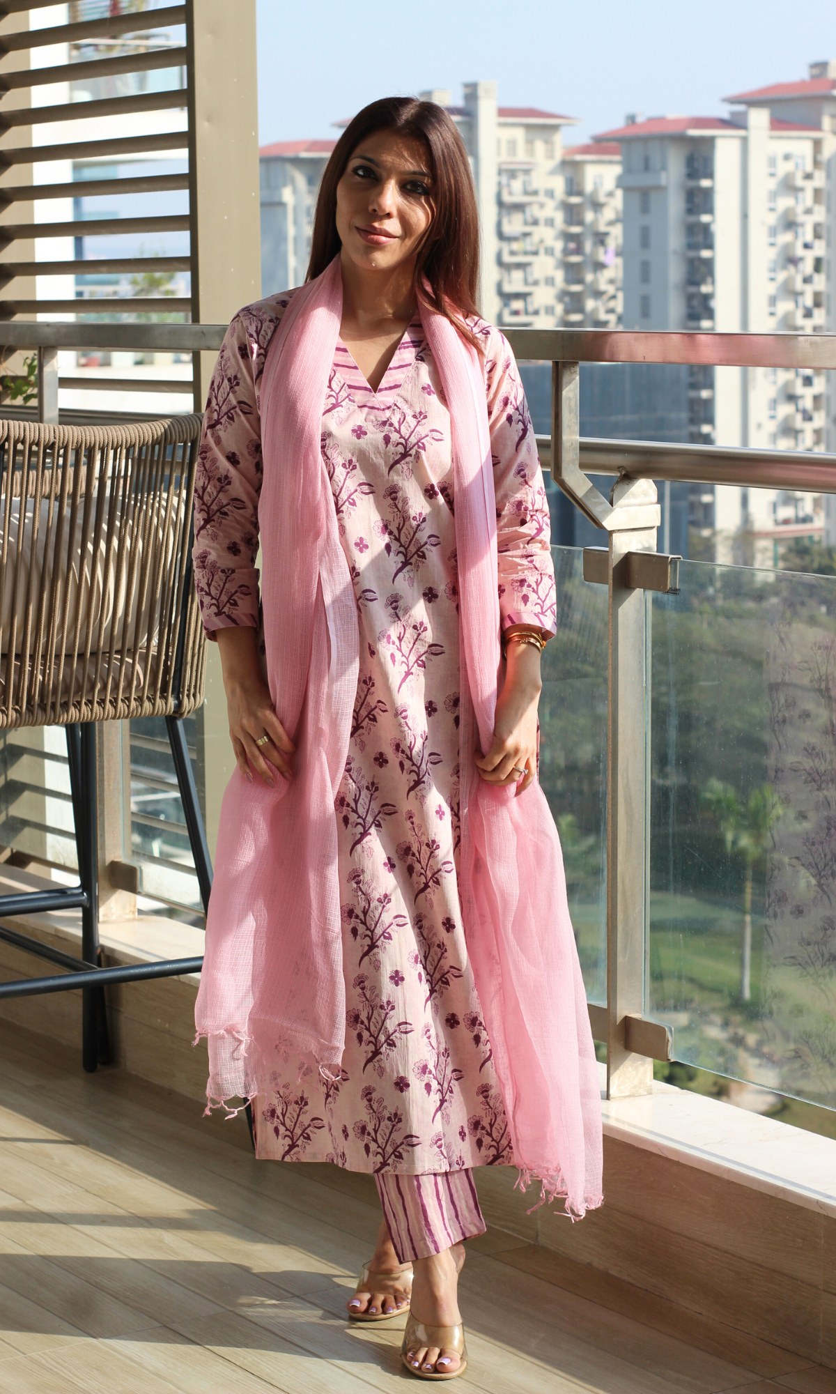Baby Pink Floral Kurta, Striped Pants & Soft Kota Doria Dupatta
