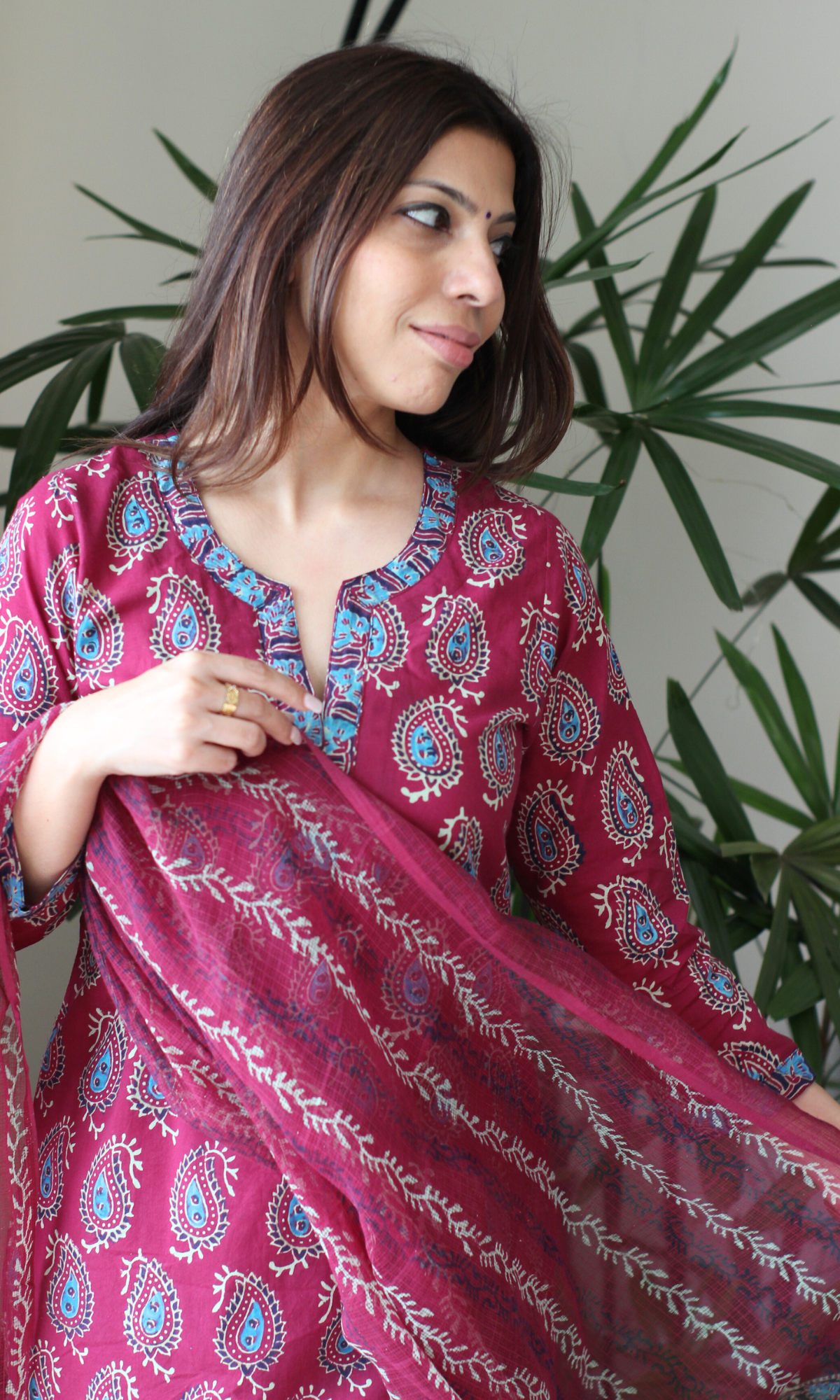 Berry & Blue Badmeri Prin Kurta, Kota Doria Dupatta & Cotton Pants