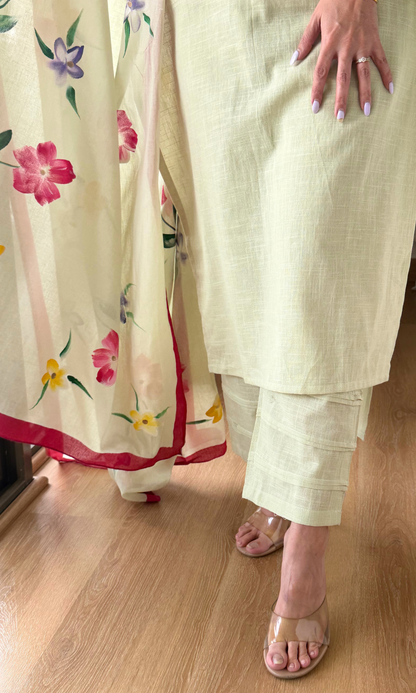 Lime Green Slub Black Laced Kurta, Pant & Mul Handpainted Dupatta