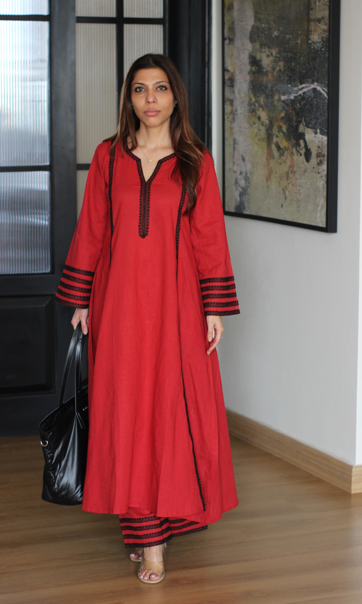 Cotton Slub Rose Laced Kali Kurta with Laced Palazzo