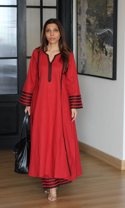 Cotton Slub Rose Laced Kali Kurta with Laced Palazzo