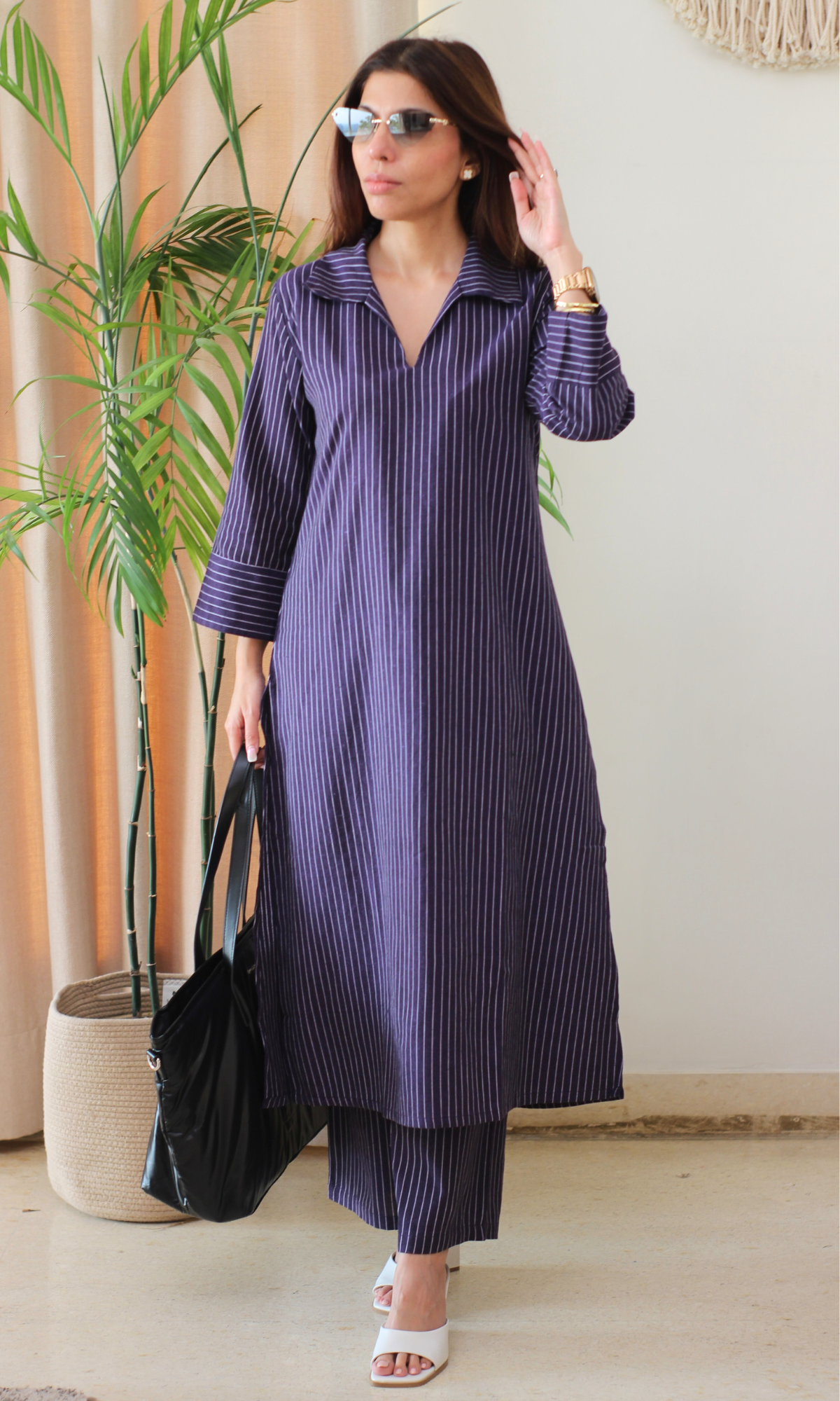 Purple Cotton Ikat Striped Kurta & Pants