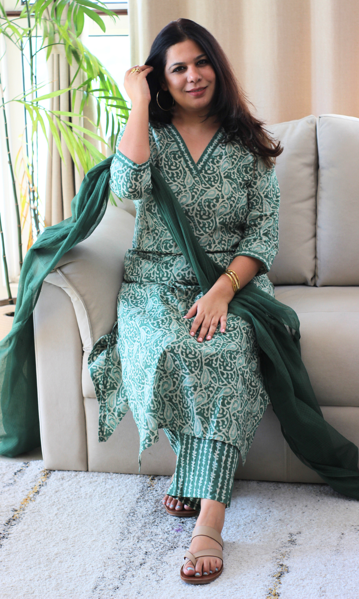 Earthy Green Dabu Printed Kurta , Pant & Kota Doria Dupatta