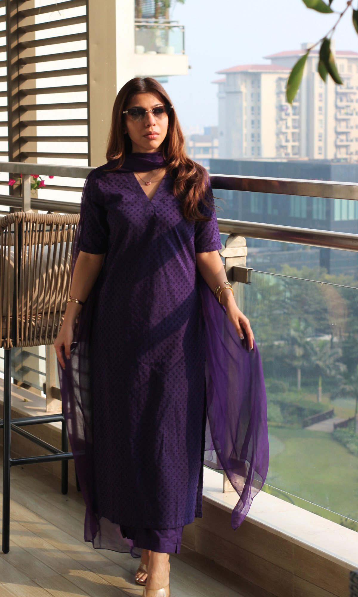 Cotton Purple Dobby Half Sleeves Kurta, Cotton Pants & Chiffon Dupatta