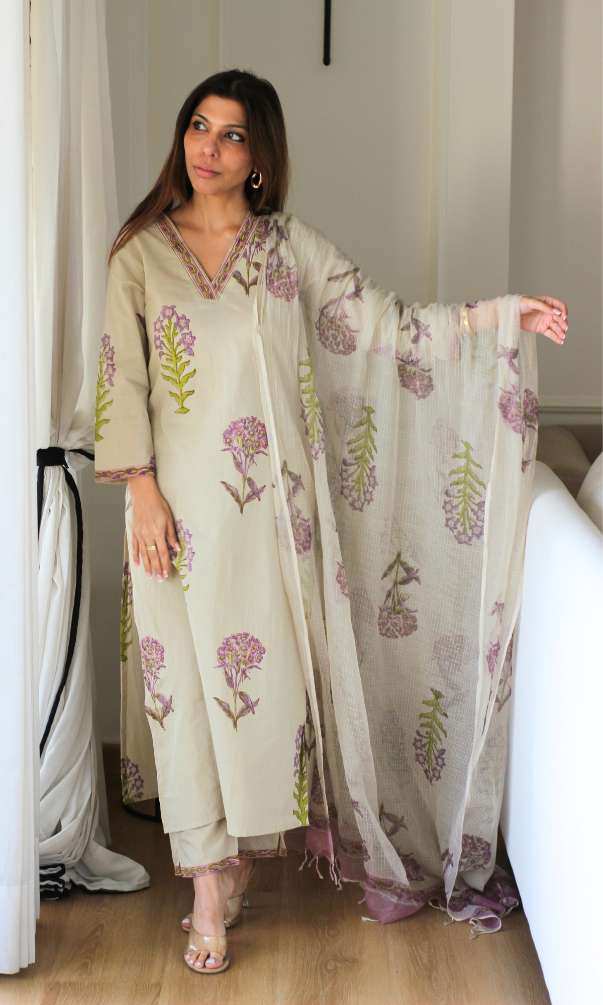 Saira Lavender & Green Mughal Kurta, Pants & Kota Doria Handblock Dupatta