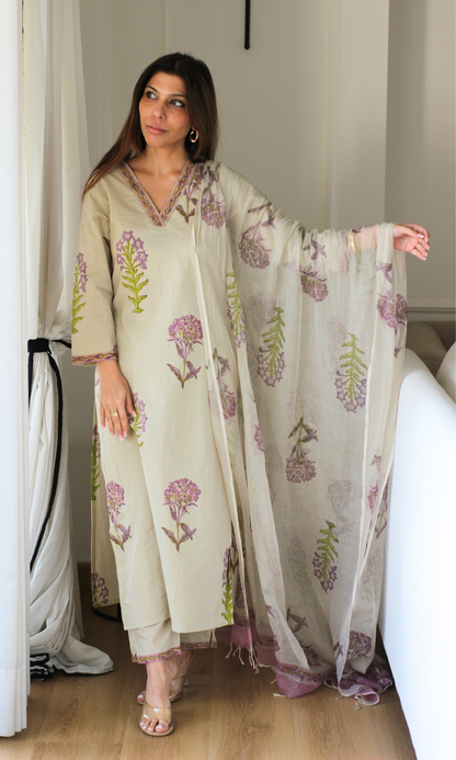 Saira Lavender & Green Mughal Kurta, Pants & Kota Doria Handblock Dupatta