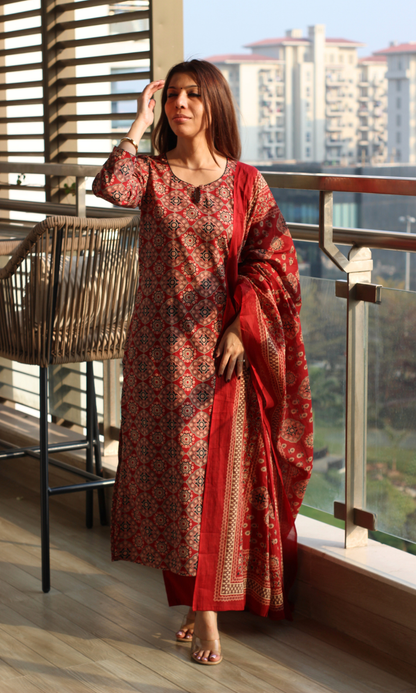 Red & Black Cotton Ajrakh Print Kurta, Dupatta & Pants