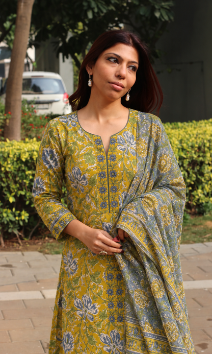 Sarson Bagh Block Print Kurta, Cotton Pants & Kota Doria Dupatta
