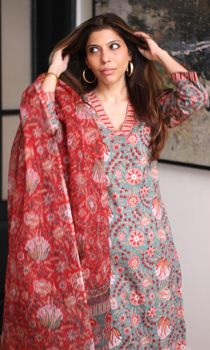 Roz Meher Block Print Kurta, Cotton Pants & Kota Doria Block Print Dupatta