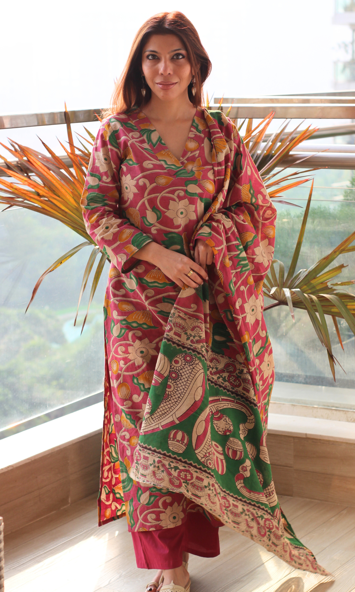 Cotton Rani Pink & Green Handblock Kalamkari Kurta, Dupatta & Cotton Pants
