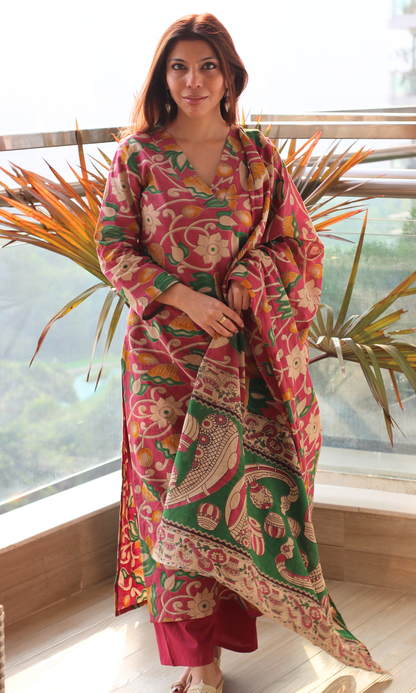 Cotton Rani Pink & Green Handblock Kalamkari Kurta, Dupatta & Cotton Pants