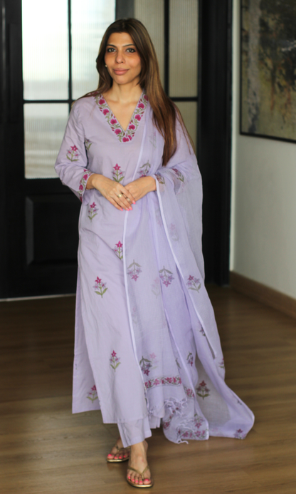 Kahani Mughal Lavender Cotton Kurta, Pant & Kota Doria Handblock Print Dupatta
