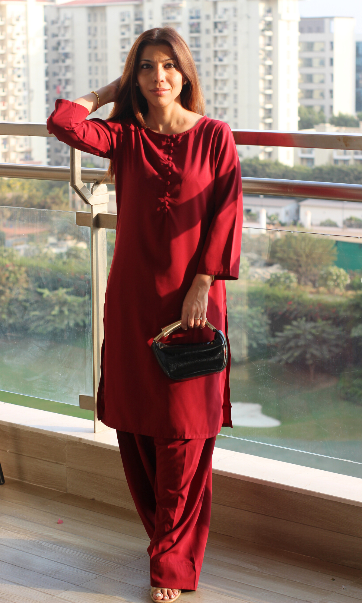 Ruby Glossy Boat Neck Buttoned Kurta with Farshi Salwaar