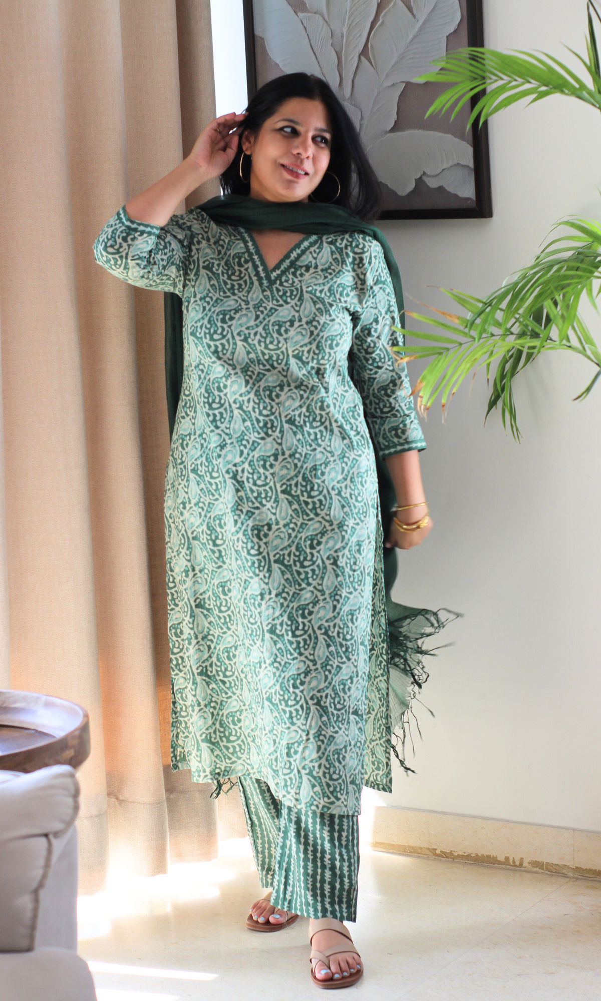 Earthy Green Dabu Printed Kurta , Pant & Kota Doria Dupatta