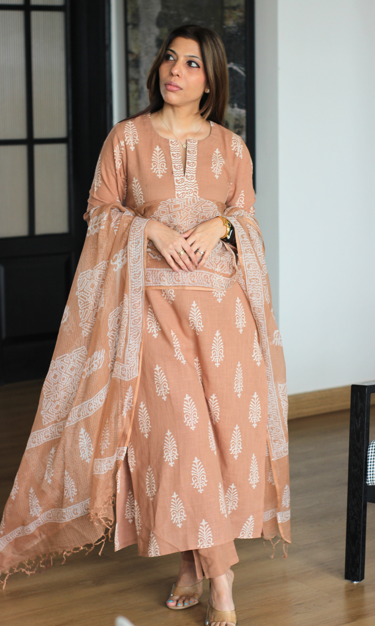Mocha Haze Cotton Slub Handblock Printed Kurta, Pant & Kota Doria Printed Dupatta