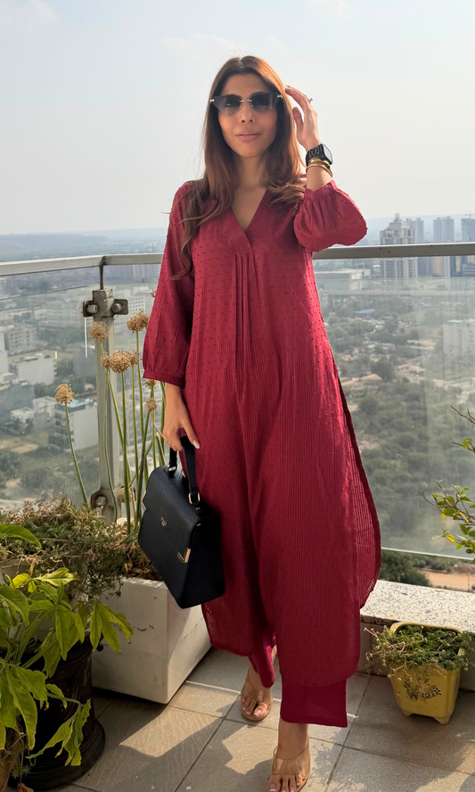 Mulberry Cotton Dobby Pleated Kurta with Cotton Pants