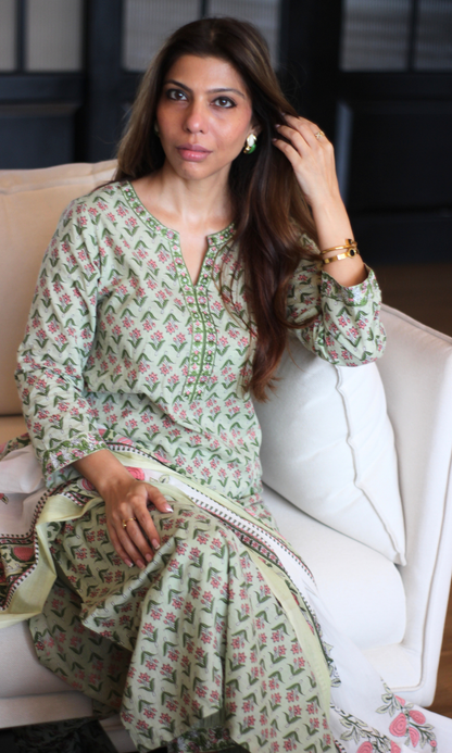 Sage Garden Block Print Kurta, Dupatta & Cotton Afgani Pants