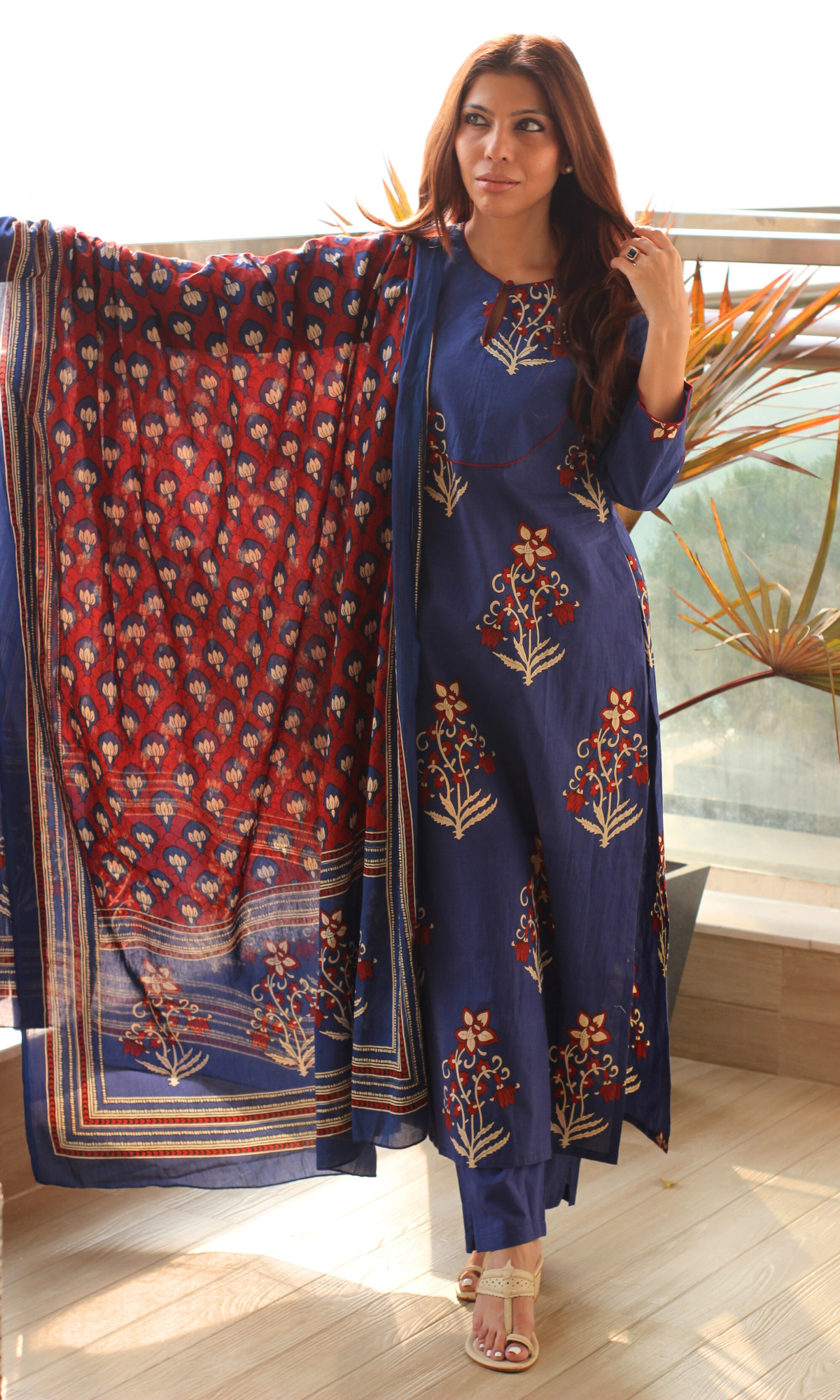 Cotton Neelam Gul Mughal Print Kurta, Contrast Printed Dupatta & Pants