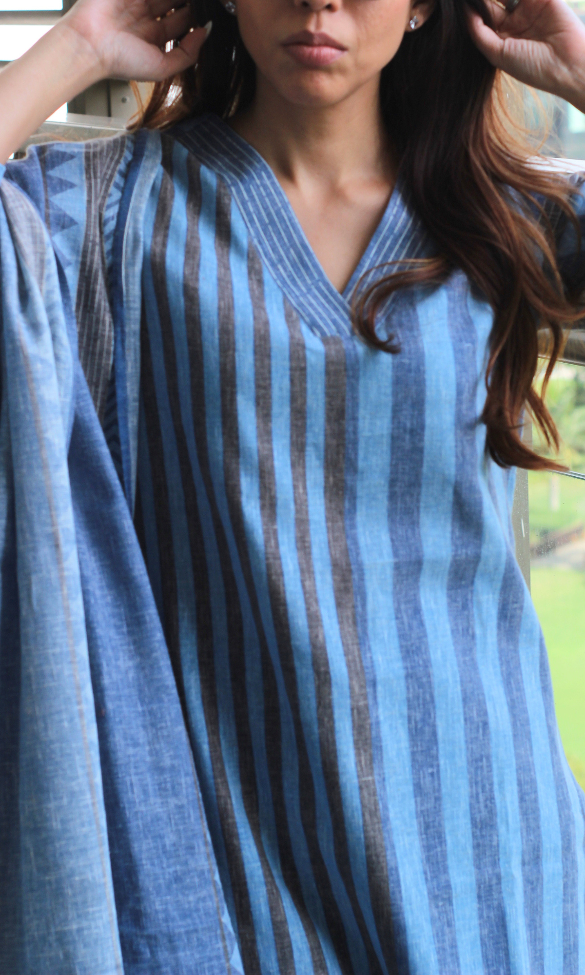 Linen Blend Denim Striped Print Kurta , Dupatta with Cotton Pants