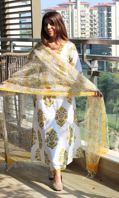 White & Yellow Handblock  Mughal Print Kurta , Kota Doria Dupatta & Cotton Pants