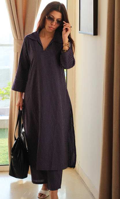 Purple Cotton Ikat Striped Kurta & Pants