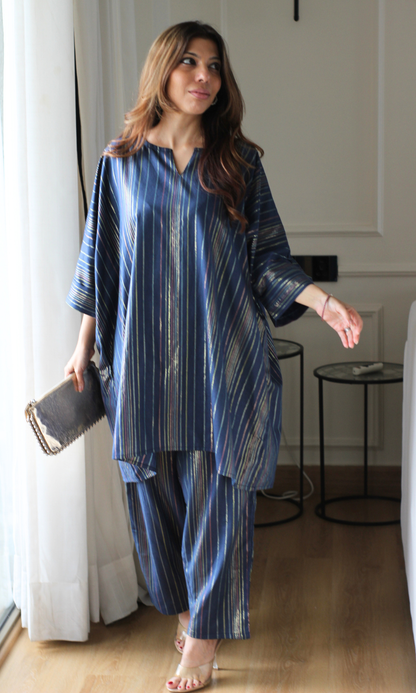 Blue Noir Cotton Lurex Kaftan Co-ord