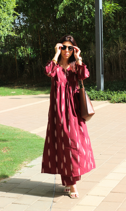 Cotton Wine Ikkat Pleated Co-ord