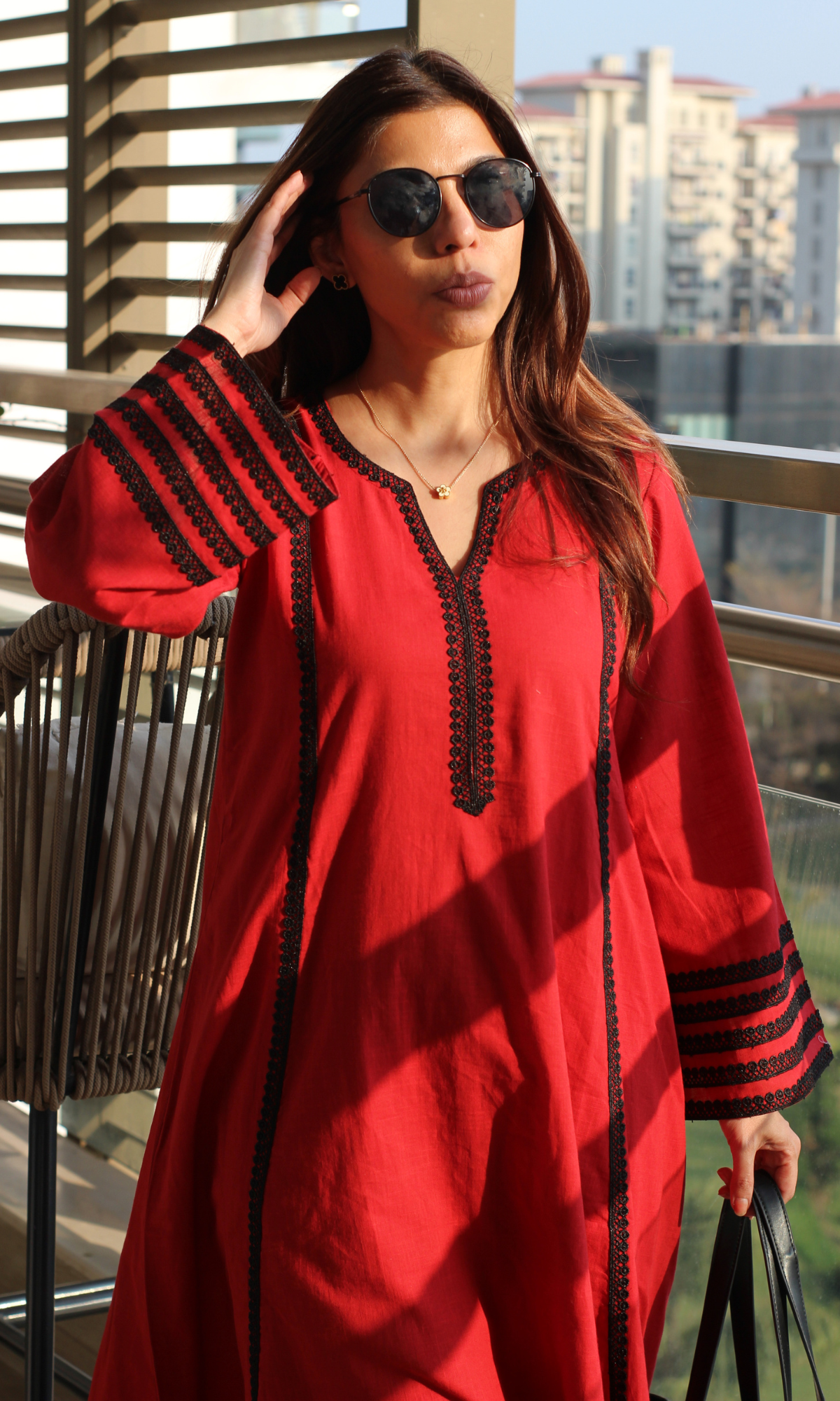 Cotton Slub Rose Laced Kali Kurta with Laced Palazzo