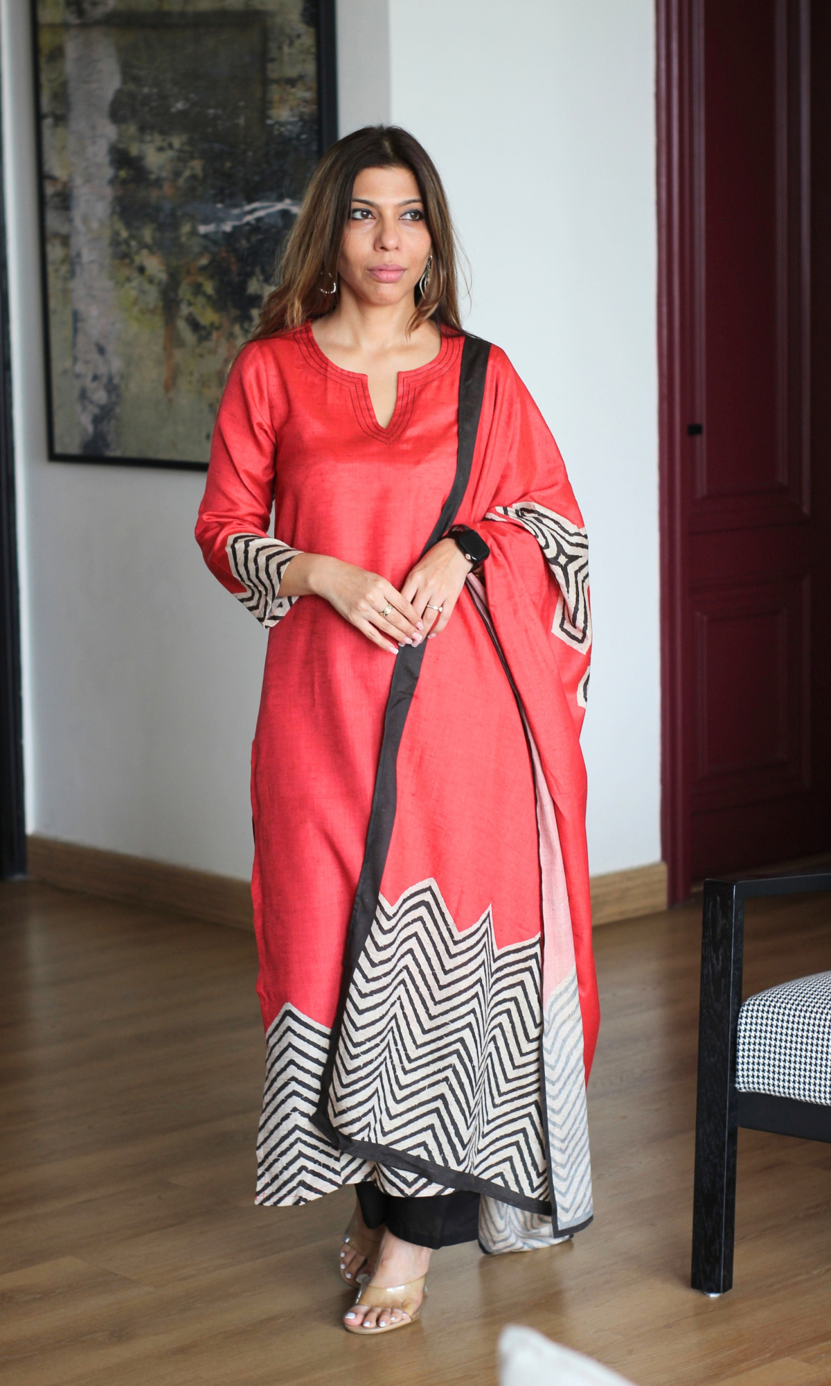 Cotton Silk Blend Red & Black Printed Kurta, Dupatta & Cotton Pants