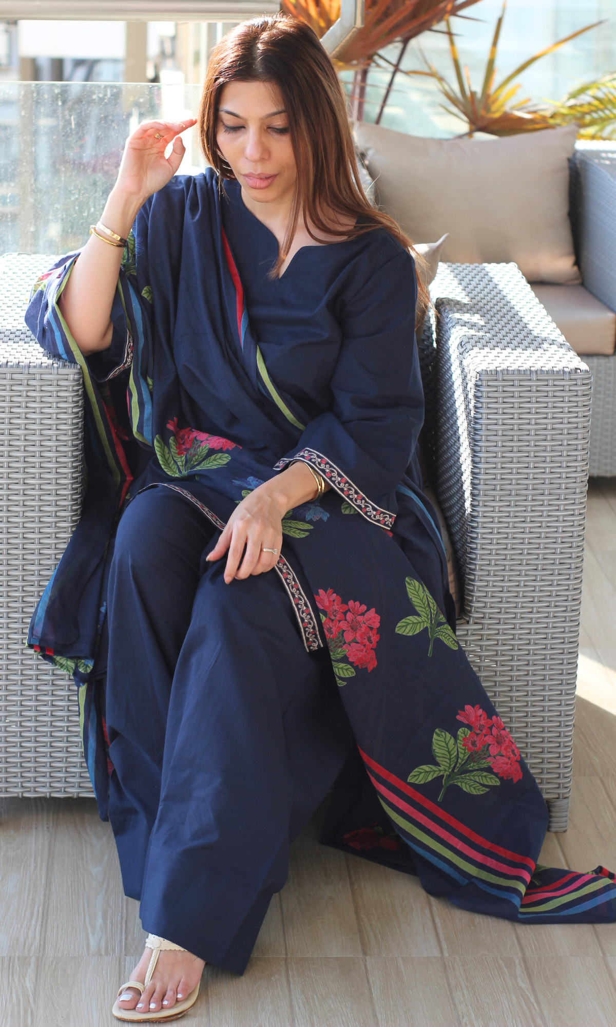 Cotton Navy Heena Kurta, Farshi Salwaar & Printed Mul Dupatta