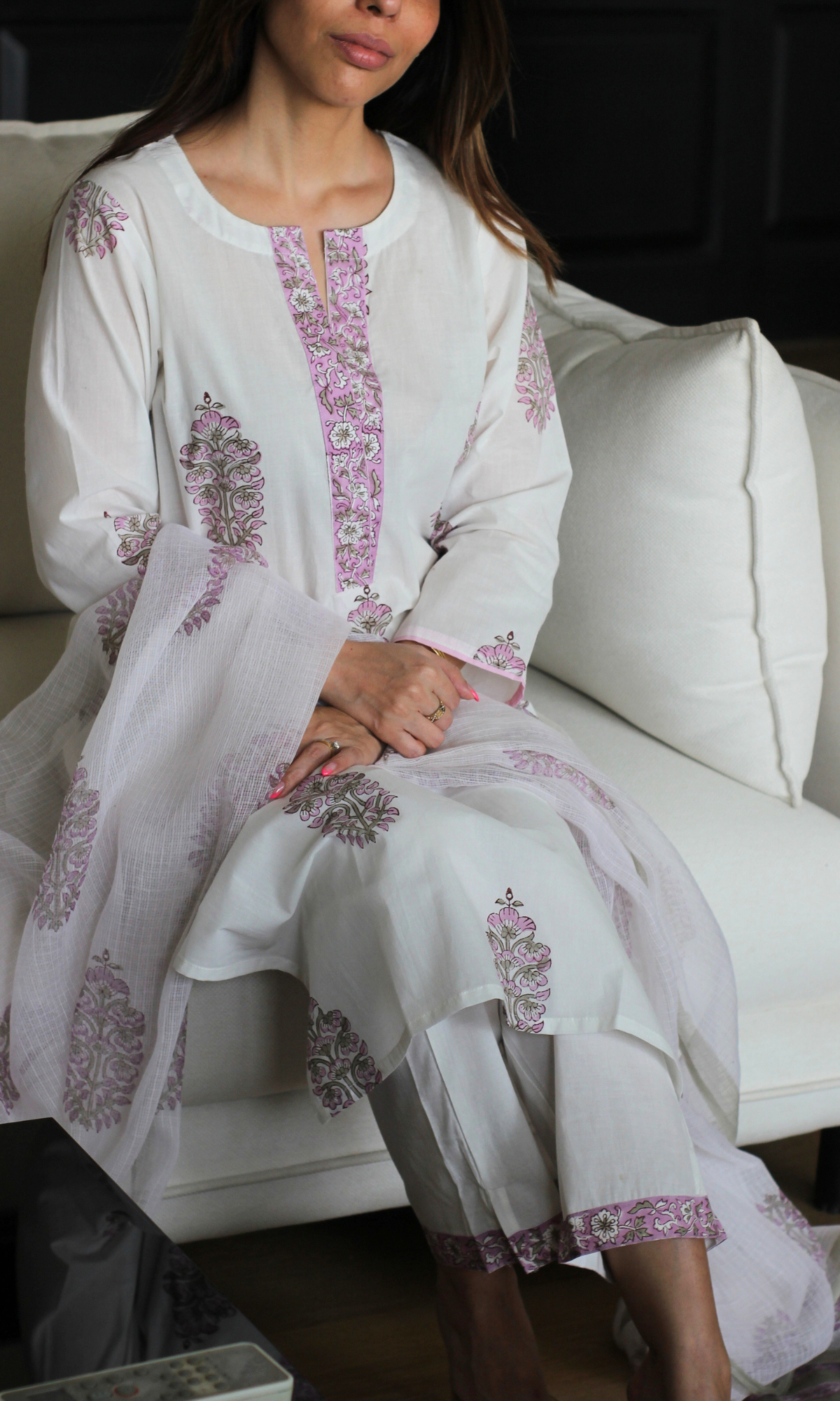 Suhaani Mughal Pearl Cotton Kurta , Pant & Kota Doria Handblock Print Dupatta