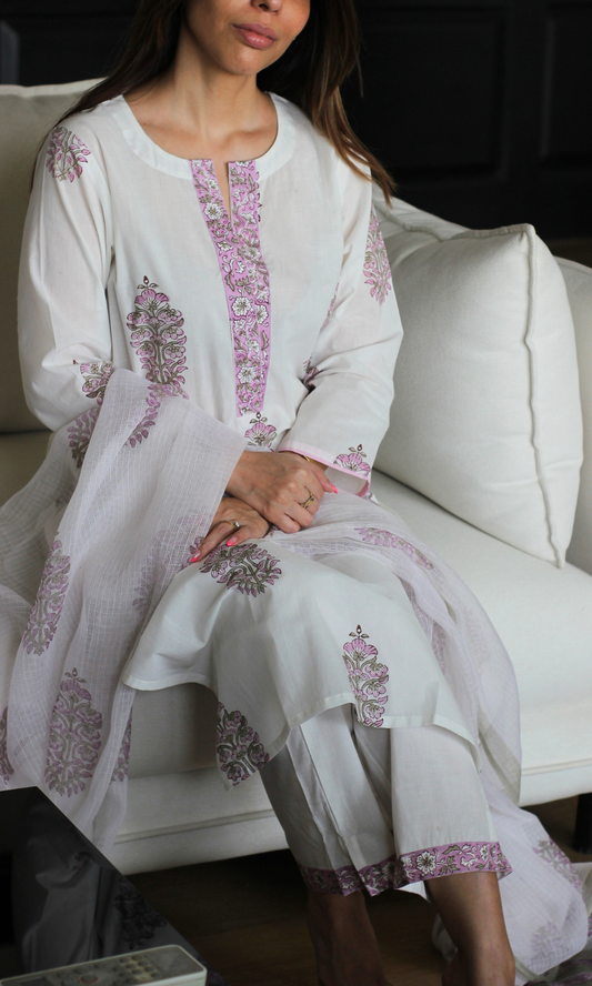 Suhaani Mughal Pearl Cotton Kurta , Pant & Kota Doria Handblock Print Dupatta