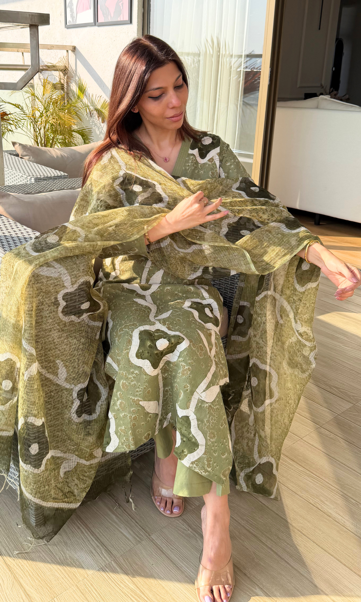 Cotton Olive Shibori Print Kurta & Pants with Kota Doria Printed Dupatta