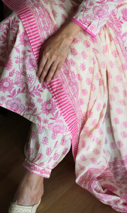 Rose Pink Garden Block Print Cotton Kurta, Afghani Pant and Mul Printed Dupatta